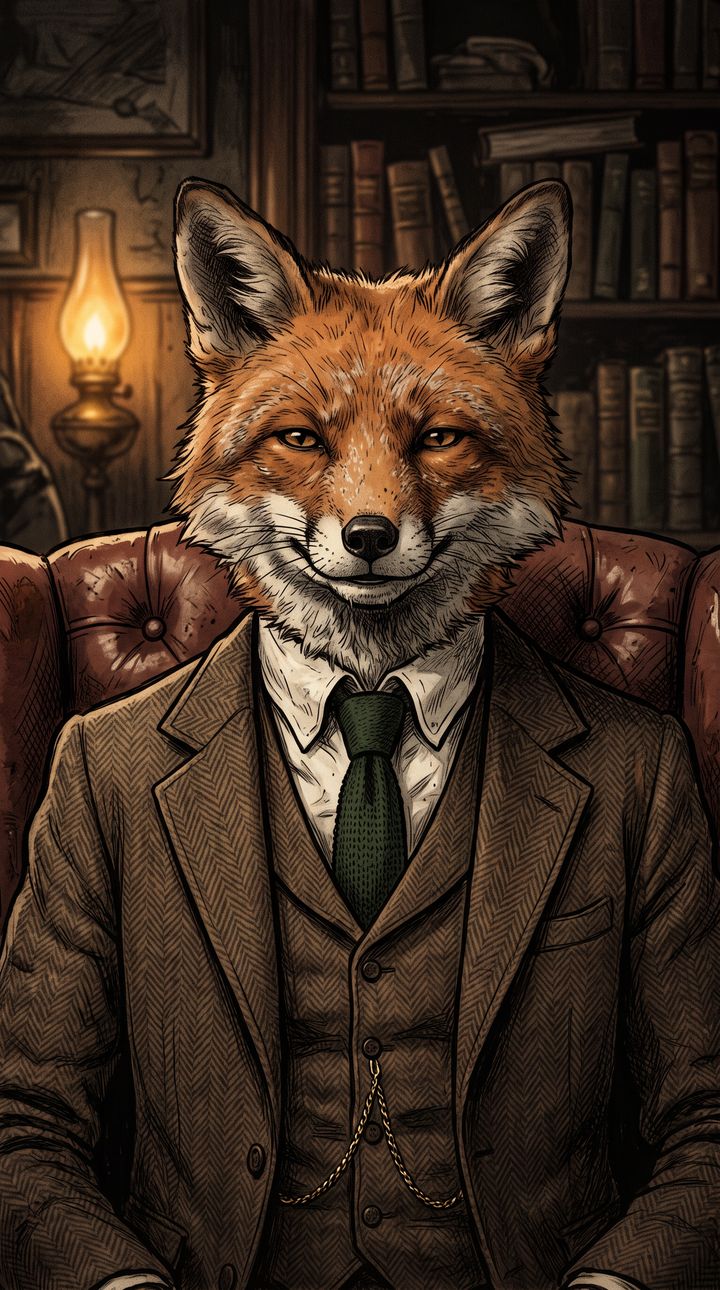 The Old Fox: an illustrated red fox in a brown tweed three-piece suit and green tie, sitting in a leather armchair in a lamplit library.